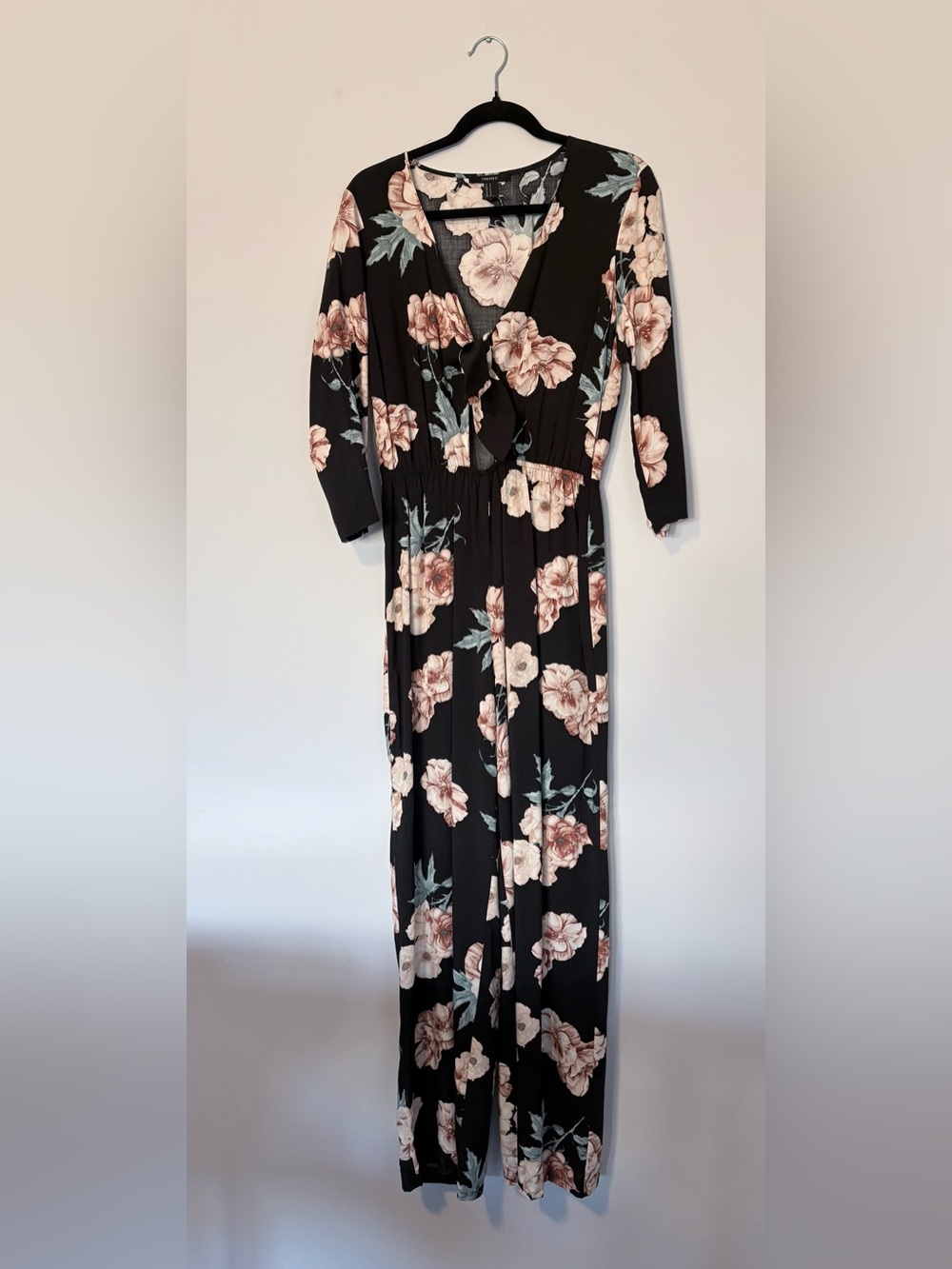 Black Floral Pants Romper with Cream Blooms